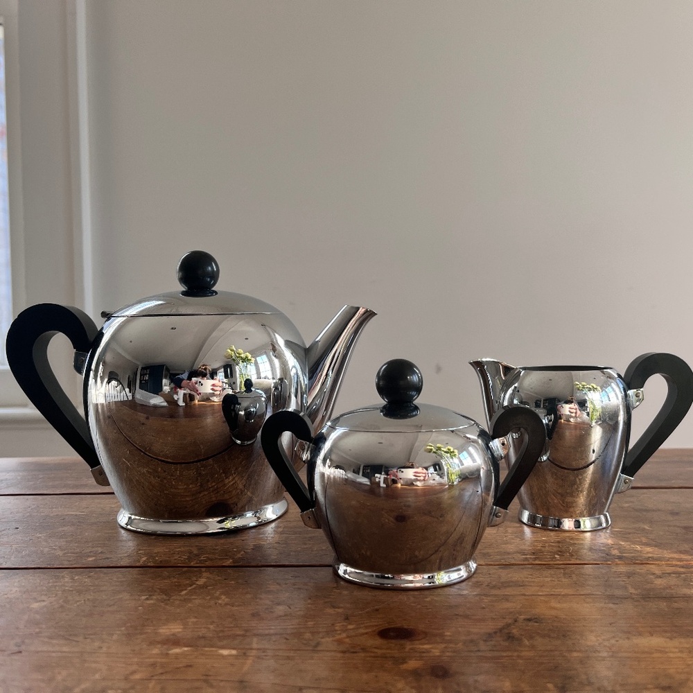 Vintage MCM Carlo Alessi x Alfra "Bombè" Tea Set 1950s steel bakelite Italy